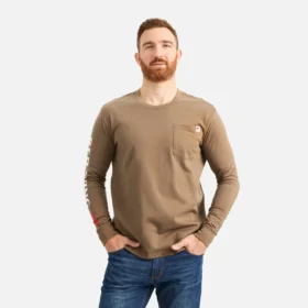 Langarm-T-Shirt mit Tasche und Aufdruck auf dem Ärmel – Herren-Langarm-T-Shirt in Braun