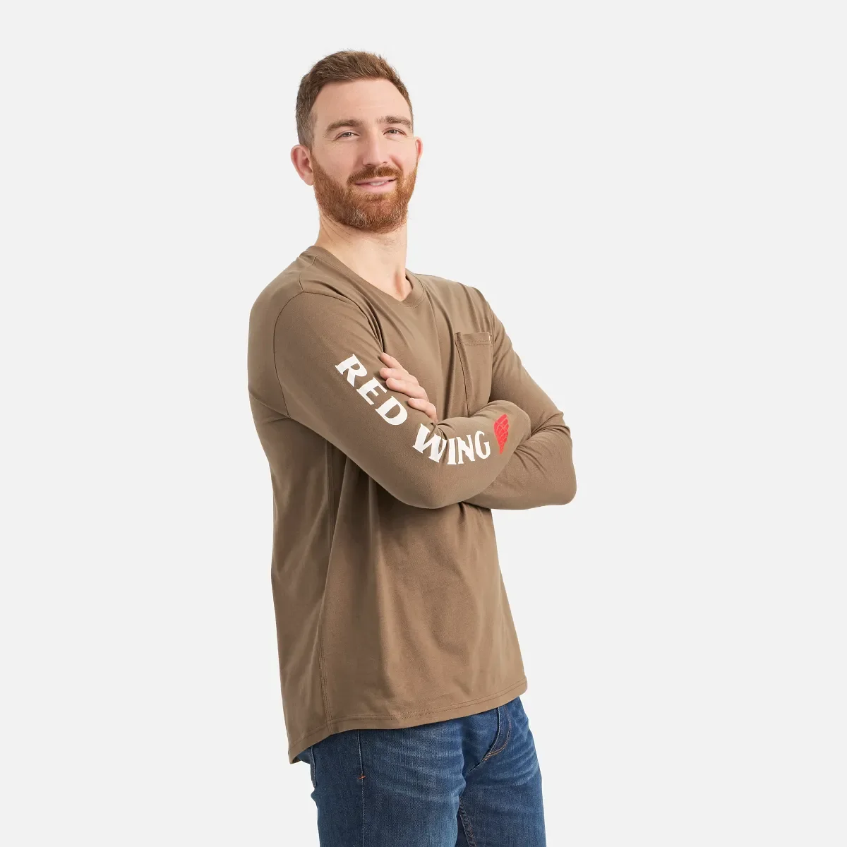 Langarm-T-Shirt mit Tasche und Aufdruck auf dem Ärmel – Herren-Langarm-T-Shirt in Braun
