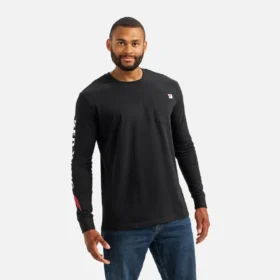 Langarm-T-Shirt mit Tasche und Aufdruck auf dem Ärmel – Herren-Langarm-T-Shirt in Schwarz