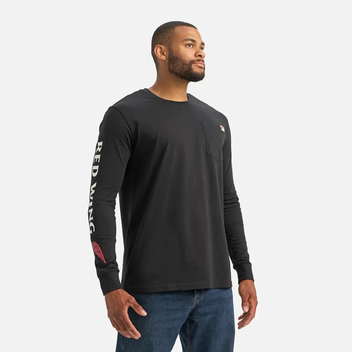 Langarm-T-Shirt mit Tasche und Aufdruck auf dem Ärmel – Herren-Langarm-T-Shirt in Schwarz