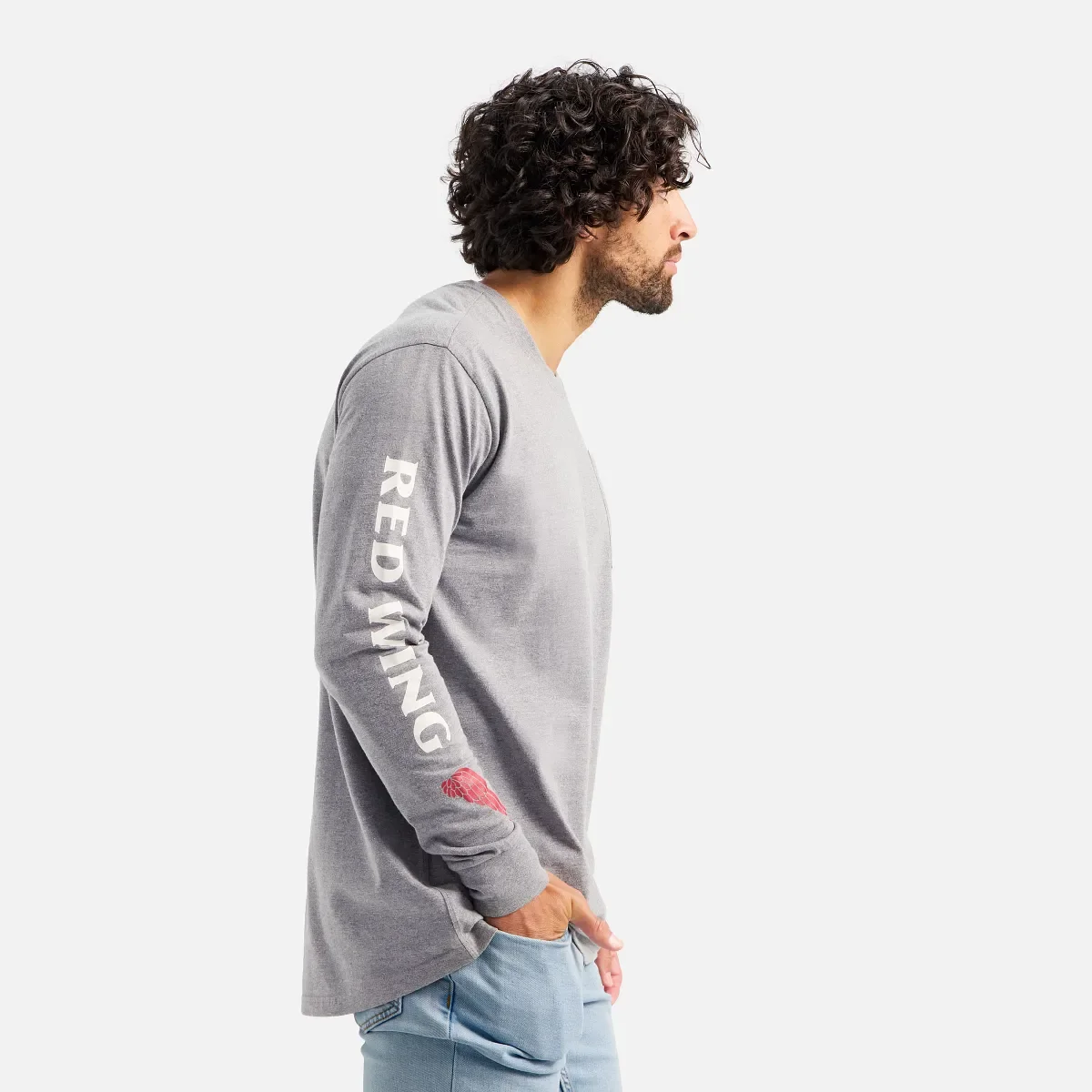 Langarm-T-Shirt mit Tasche und Ärmelprint – Herren-Langarm-T-Shirt in Meliergrau